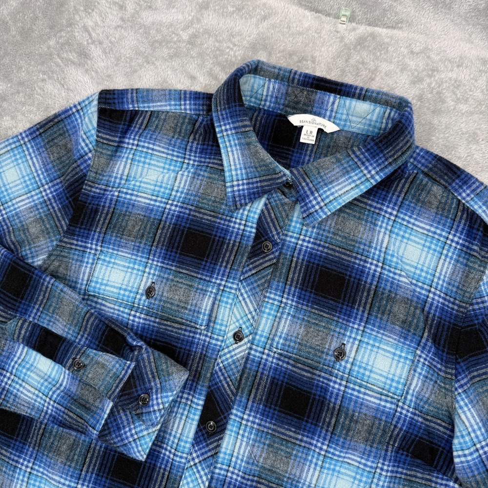 LL Bean Signature Chamois Tunic Womens Large Shirt Shacket Plaid Pockets Blue